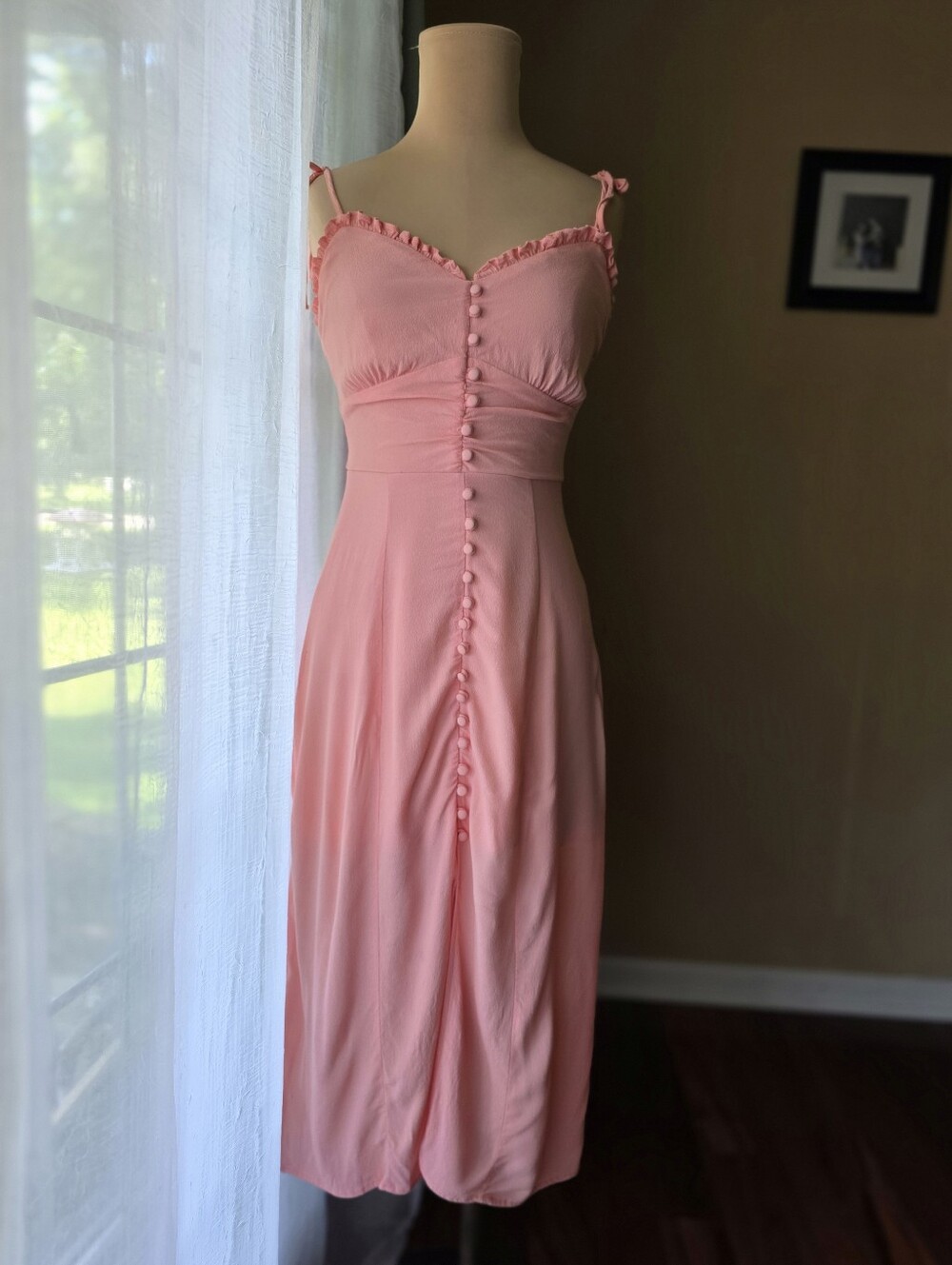 Row A Sophie Button Front Ruffle Midi Dress Small Coral Peach Sundress Boho Chic